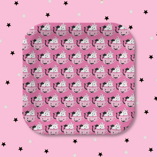 Schwarze Katze und Ghost Muster rosa Papierplatte Pappteller (Cute black cat and ghost pattern Halloween square pink paper plate .)