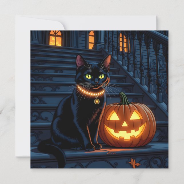 Schwarze Katze und glühendes KürbisHalloween (Vorderseite)