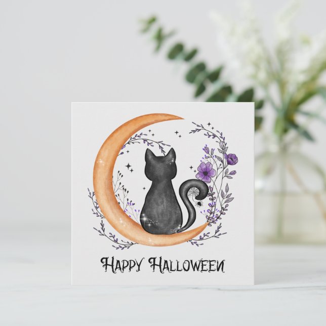 Schwarze Katze und Halbmond zu glücklichen Hallowe (Stehend Vorderseite)