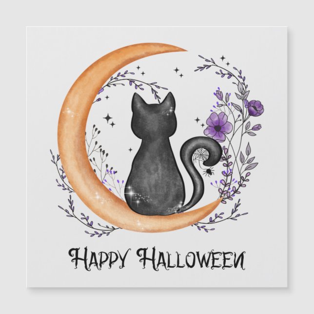 Schwarze Katze und Halbmond zu glücklichen Hallowe Magnetkarte (Vorderseite)