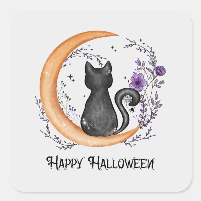 Schwarze Katze und Halbmond zu glücklichen Hallowe Quadratischer Aufkleber (Vorderseite)