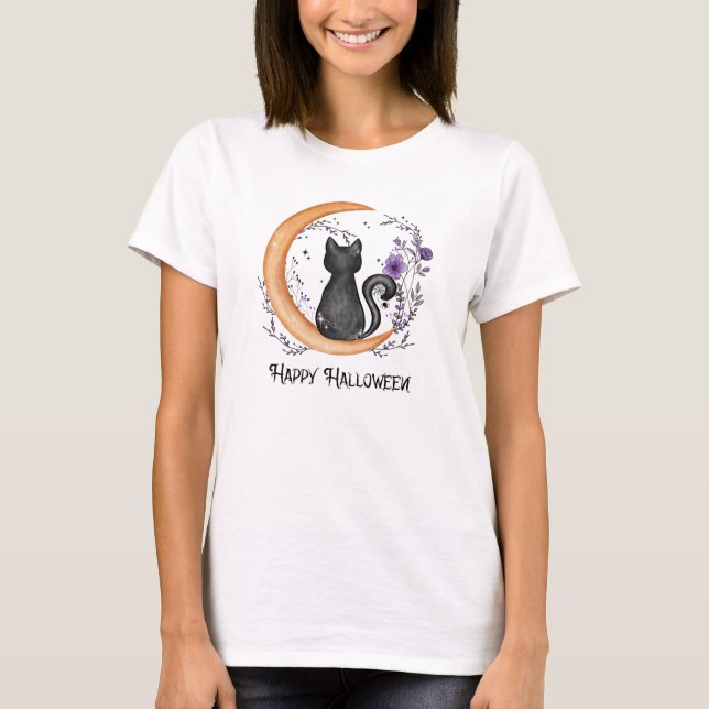 Schwarze Katze und Halbmond zu glücklichen Hallowe T-Shirt (Vorderseite)