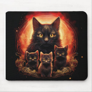Schwarze Katze und ihre drei Kätzchen Mousepad