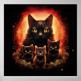 Schwarze Katze und ihre drei Kätzchen Poster