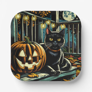 Schwarze Katze und Jack-O-Lantern Halloween Pappteller