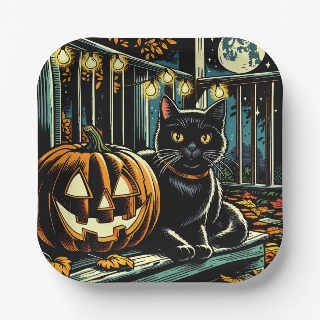 Schwarze Katze und Jack-O-Lantern Halloween Pappteller (Vorderseite)