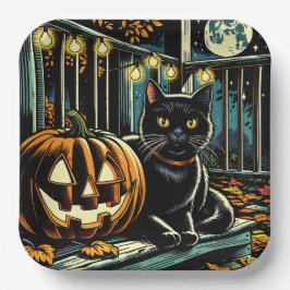Schwarze Katze und Jack-O-Lantern Halloween Pappteller