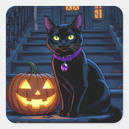 Schwarze Katze und Jack-O-Lantern Halloween Quadratischer Aufkleber