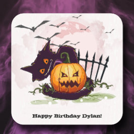 Schwarze Katze und Jack o' Lantern Halloween Quadratischer Aufkleber