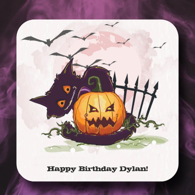 Schwarze Katze und Jack o' Lantern Halloween Quadratischer Aufkleber (Von Creator hochgeladen)