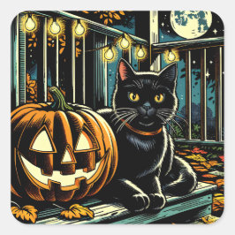 Schwarze Katze und Jack-O-Lantern Halloween Quadratischer Aufkleber