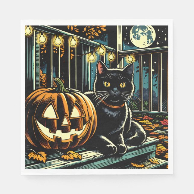 Schwarze Katze und Jack-O-Lantern Halloween Serviette (Vorderseite)