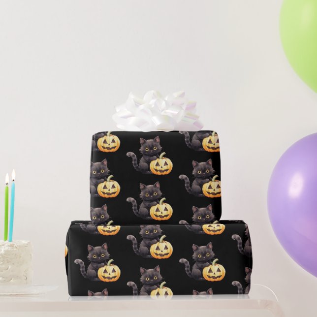 Schwarze Katze und Jack-O' Lantern Pattern Hallowe Geschenkpapier (Partygeschenke)