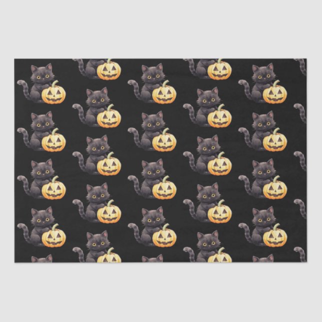 Schwarze Katze und Jack-O' Lantern Pattern Hallowe Seidenpapier (Vorderseite)