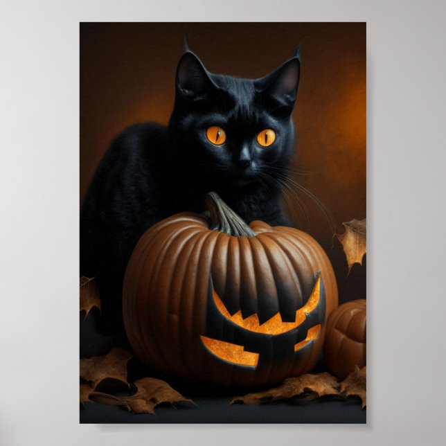 Schwarze Katze und Jack-O-Laterne Poster (Vorne)