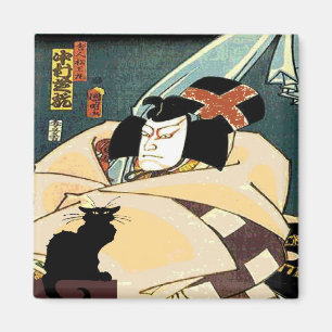 Schwarze Katze und japanischer Mann Magnet