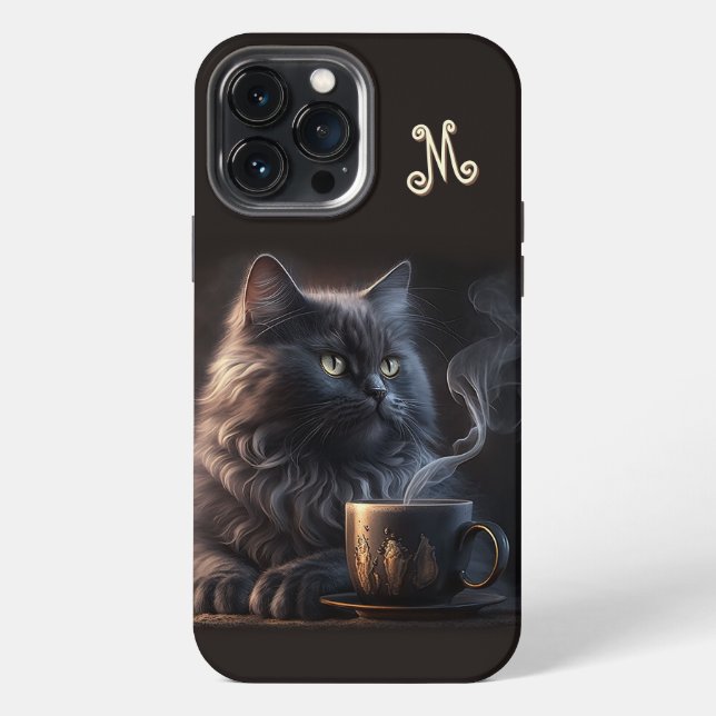 Schwarze Katze und Kaffee mit Monogramm iPhone Hülle (Rückseite)