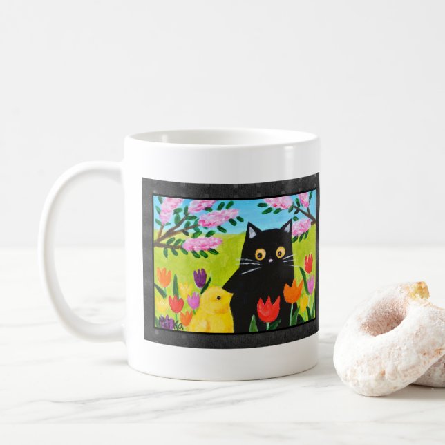 Schwarze Katze und Küken Süßes Volkskunst-Geschenk Kaffeetasse (Mit Donut)