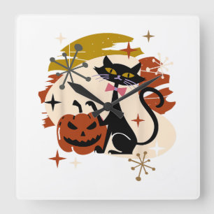 Schwarze Katze und Kürbis Atomic Retro Halloween Quadratische Wanduhr