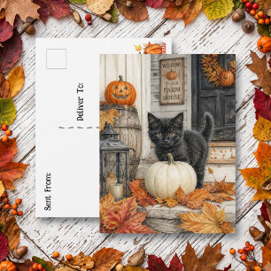 Schwarze Katze und Kürbis   Frohes Halloween  Postkarte
