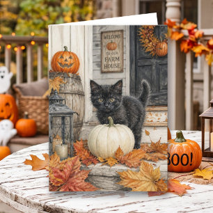 Schwarze Katze und Kürbis Halloween Malvorlage Karte