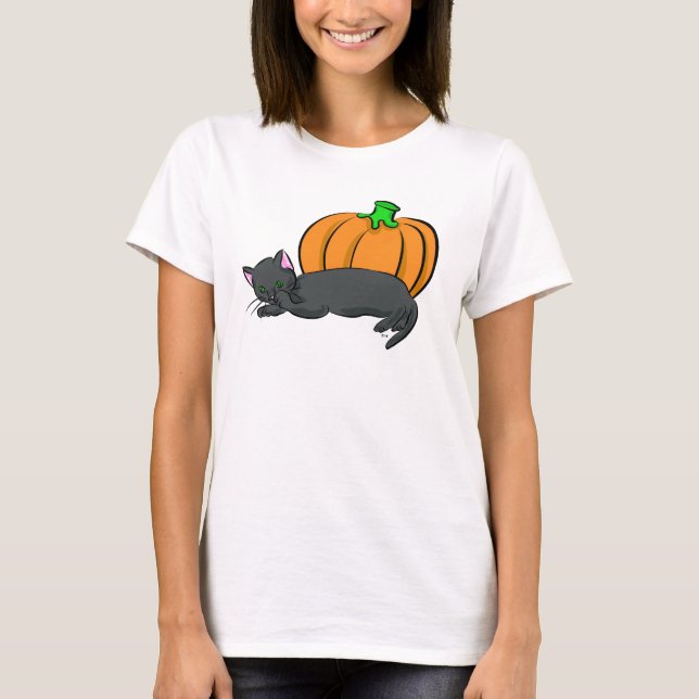 Schwarze Katze und Kürbis T-Shirt (Vorderseite)