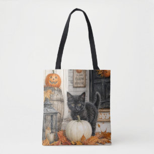 Schwarze Katze und Kürbisfarmhaus Halloween