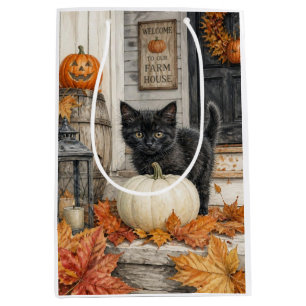 Schwarze Katze und Kürbisfarmhaus Halloween Mittlere Geschenktüte