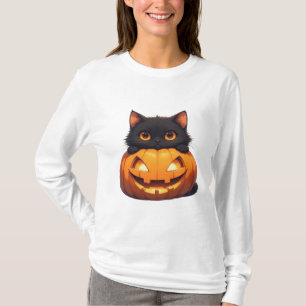 Schwarze Katze und Kürbisfeld-Szene T-Shirt