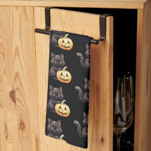 Schwarze Katze und Kürbislaterne Halloween-Muster Geschirrtuch