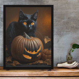 Schwarze Katze und Kürbislaterne Poster
