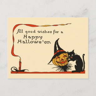 Schwarze Katze und Kürbislaterne Postkarte