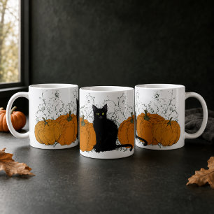 Schwarze Katze und Kürbisse Halloween Kaffeetasse