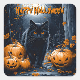 Schwarze Katze und Kürbiswald Halloween Quadratischer Aufkleber