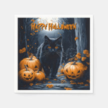 Schwarze Katze und Kürbiswald Halloween
