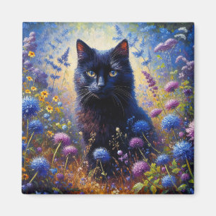 Schwarze Katze und Lila Wildblumen Ölgemälde Magnet