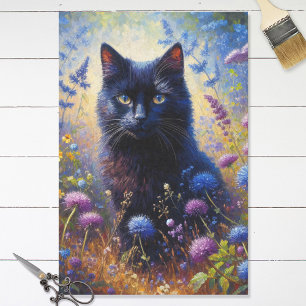 Schwarze Katze und Lila Wildblumen Seidenpapier