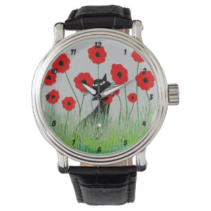 Schwarze Katze und Mohnblumen-Uhr Armbanduhr