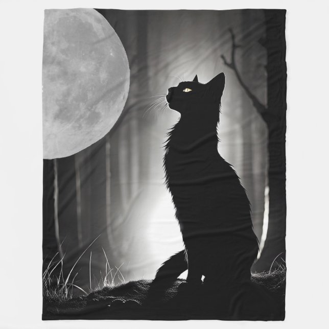 Schwarze Katze und Mond Fleecedecke (Vorderseite)