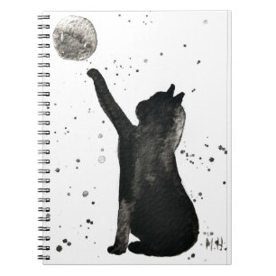 Schwarze Katze und Mond streicheln Kätzchen Aquare Notizblock