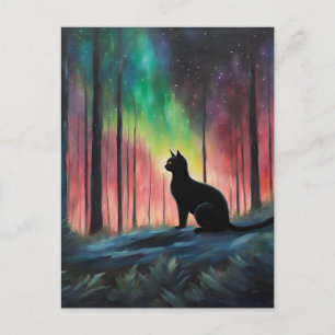 Schwarze Katze und Nordlichter Postkarte