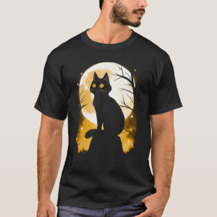 Schwarze Katze und orangefarbener Vollmond Hallowe T-Shirt