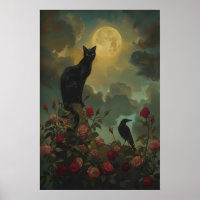 Schwarze Katze und Rabe mit Rosen unter dem Vollmo