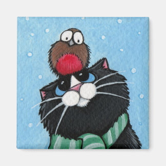 Schwarze Katze und Robin Festive Magnet