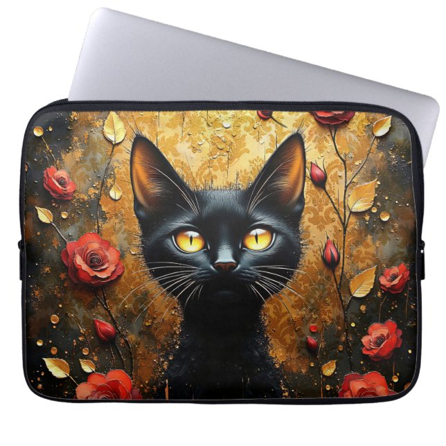 Schwarze Katze und Rosen Laptopschutzhülle (Vorderseite)