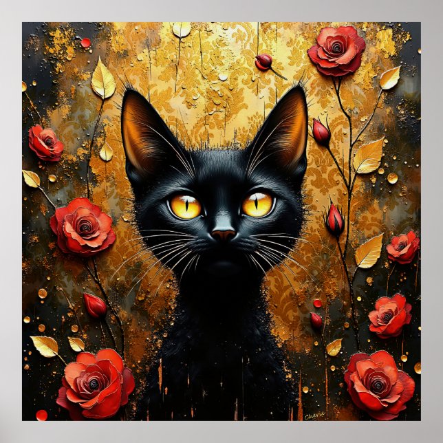 Schwarze Katze und Rosen Poster (Vorne)