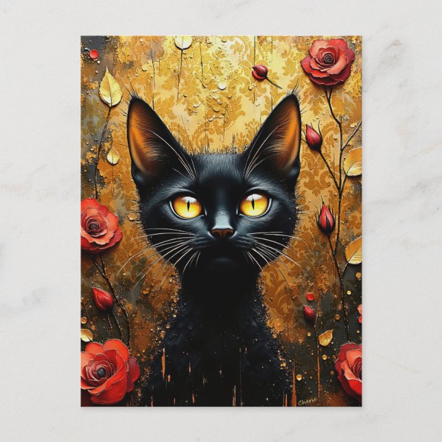 Schwarze Katze und Rosen Postkarte (Vorderseite)
