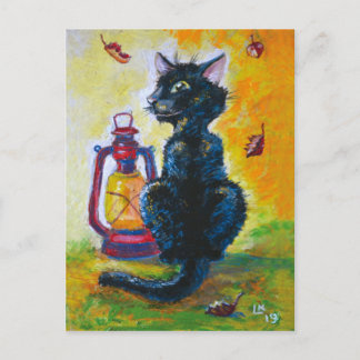 Schwarze Katze und rote Laternenlampe Postkarte
