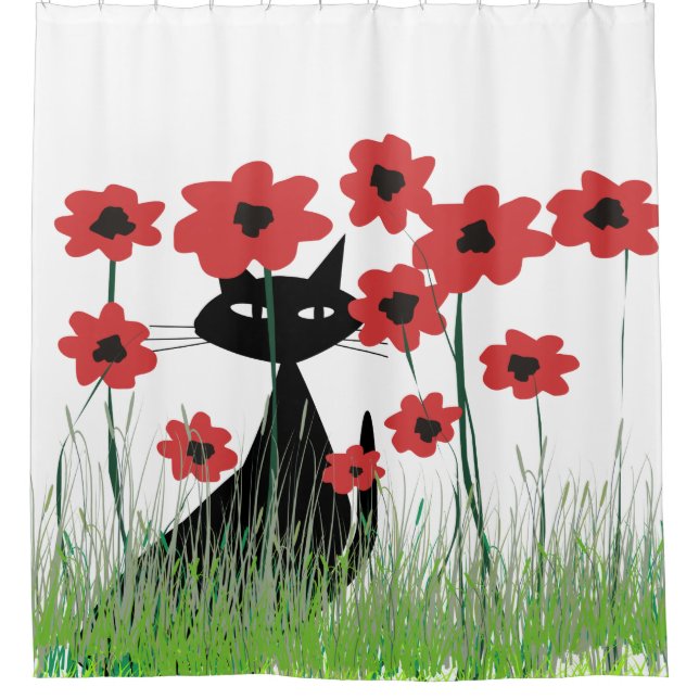 Schwarze Katze und rote Mohnblumen Duschvorhang (Vorderseite)