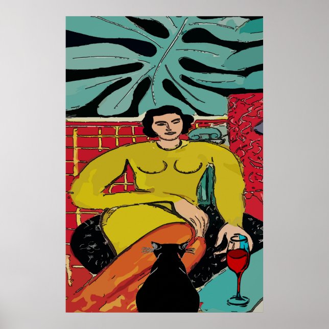 Schwarze Katze und Rotwein Poster (Vorne)